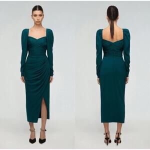 Self-Portrait Deep Teal Iris Long Sleeve Draped Midi Dress Size 10